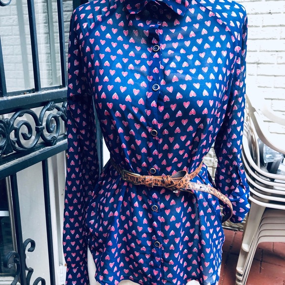 SHEER NAVY WITH RED HEART BUTTON UP TOP - Picture 5 of 8